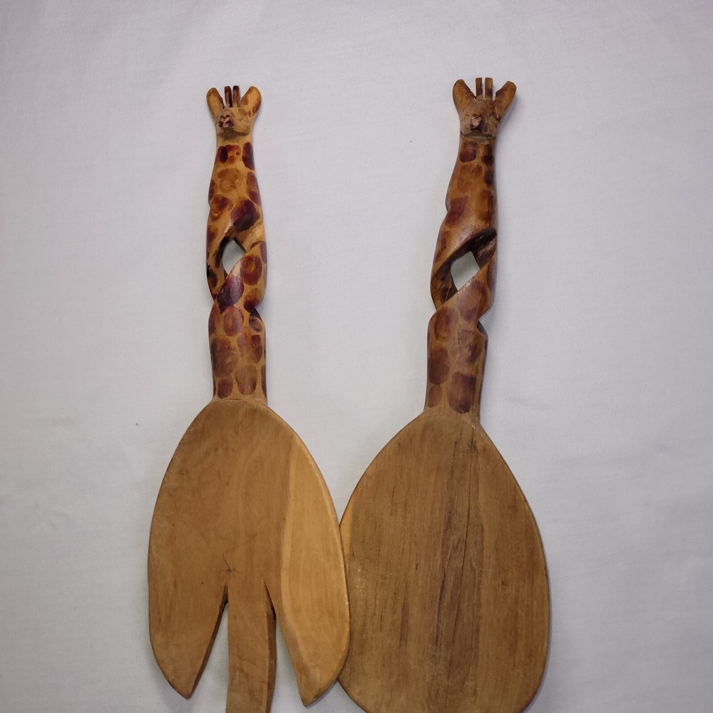 Giraffe Salad Utensil Set African Hand Carved Wooden Large Fork and Spoon 11"